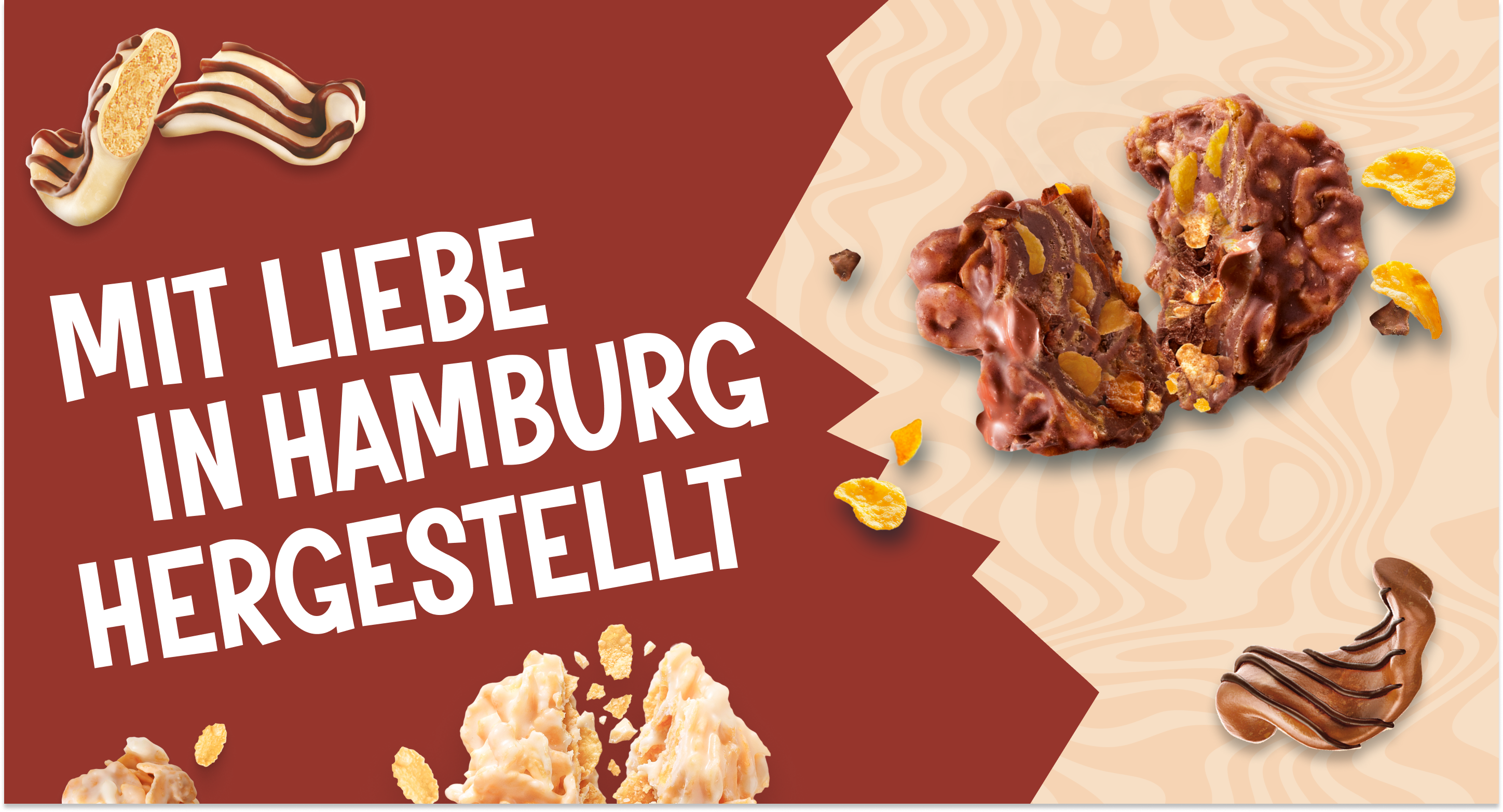 Schriftzug „Mit Liebe in Hamburg hergestellt“ umgeben von Choco Crossies und Choclait Chips