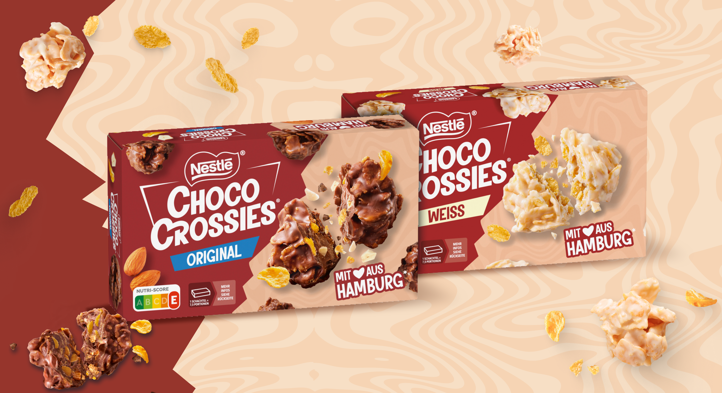 Die zwei Kernprodukte von Choco Crossies: Original und Weiß