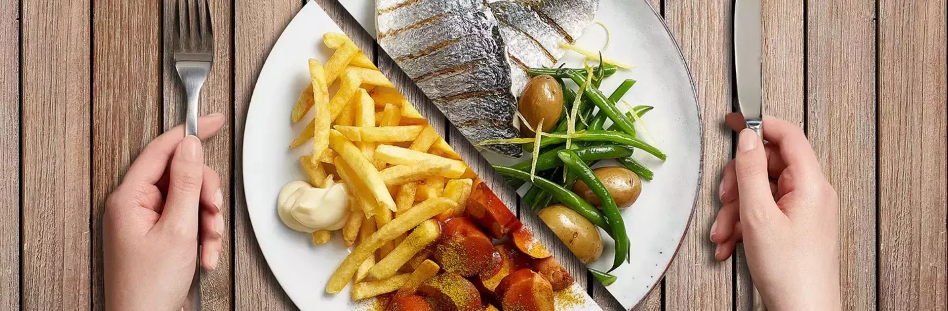 Geteiltes Fisch und Pommes Gericht